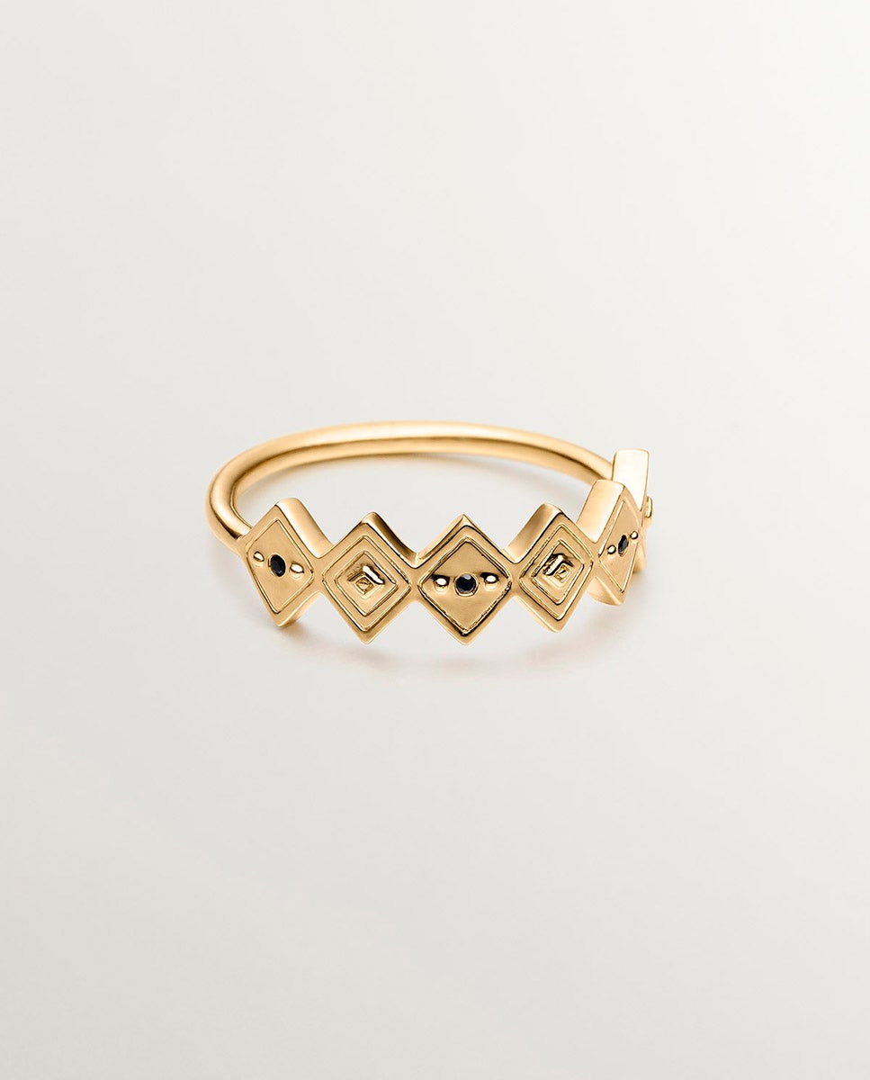 Anel de Prata 925 Banhada em Ouro Amarelo de 18k com Espinelas Negras Preto-4