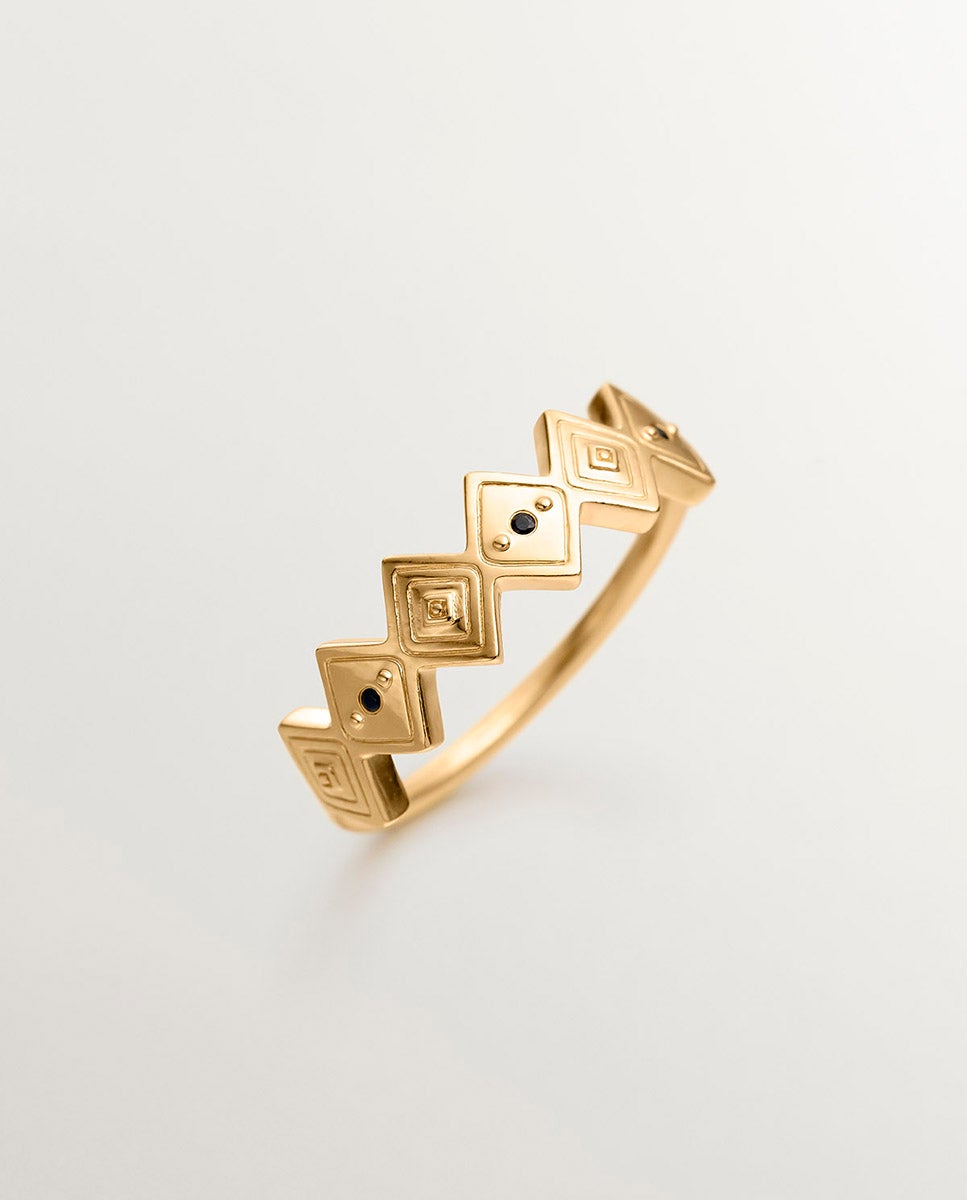 Anel de Prata 925 Banhada em Ouro Amarelo de 18k com Espinelas Negras Preto-6