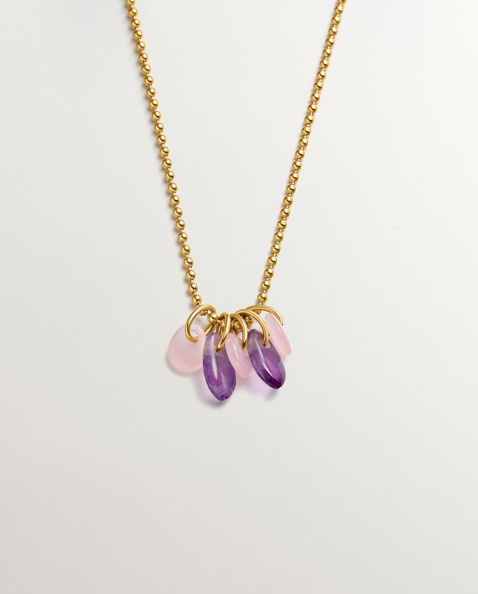 Colar de Prata 925 Banhada em Ouro Amarelo de 18k com Ametista Roxa e Ágata Rosa Roxo-1