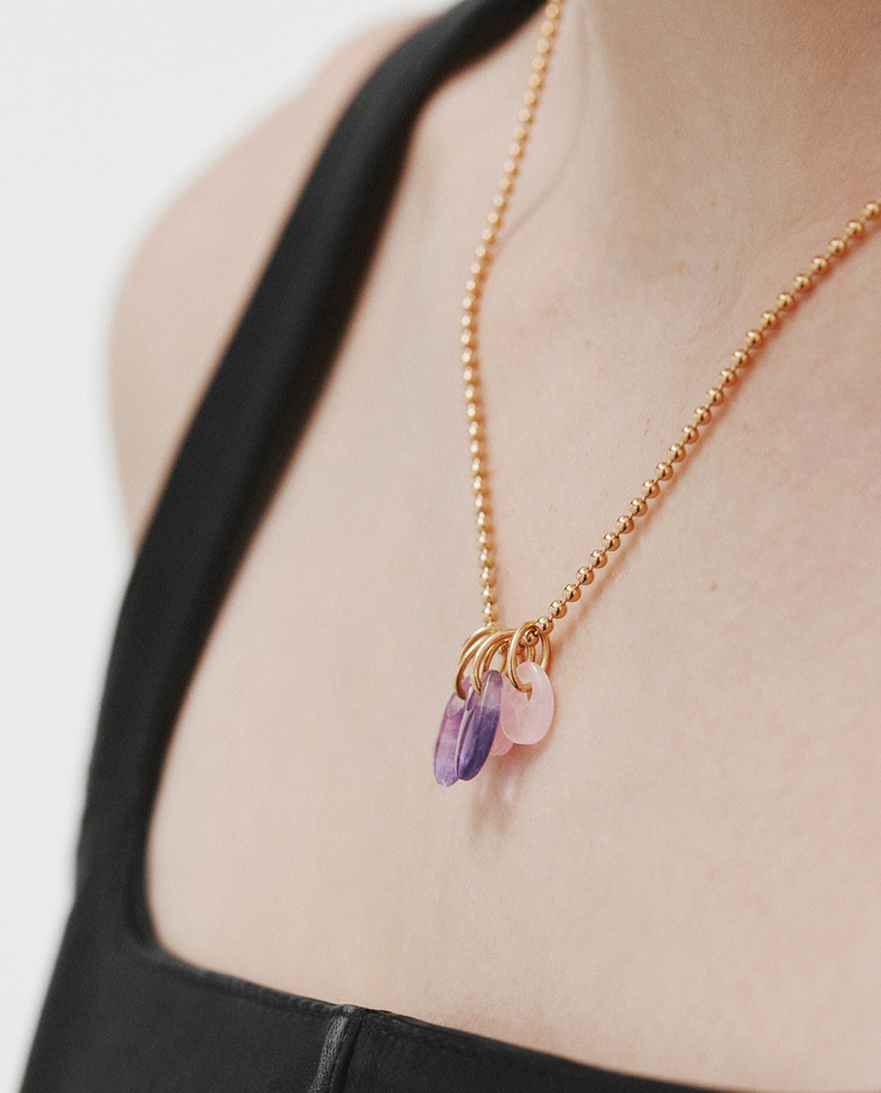 Colar de Prata 925 Banhada em Ouro Amarelo de 18k com Ametista Roxa e Ágata Rosa Roxo-2
