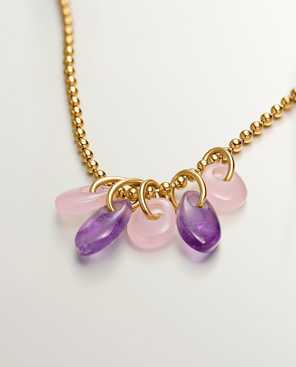 Colar de Prata 925 Banhada em Ouro Amarelo de 18k com Ametista Roxa e Ágata Rosa Roxo-3
