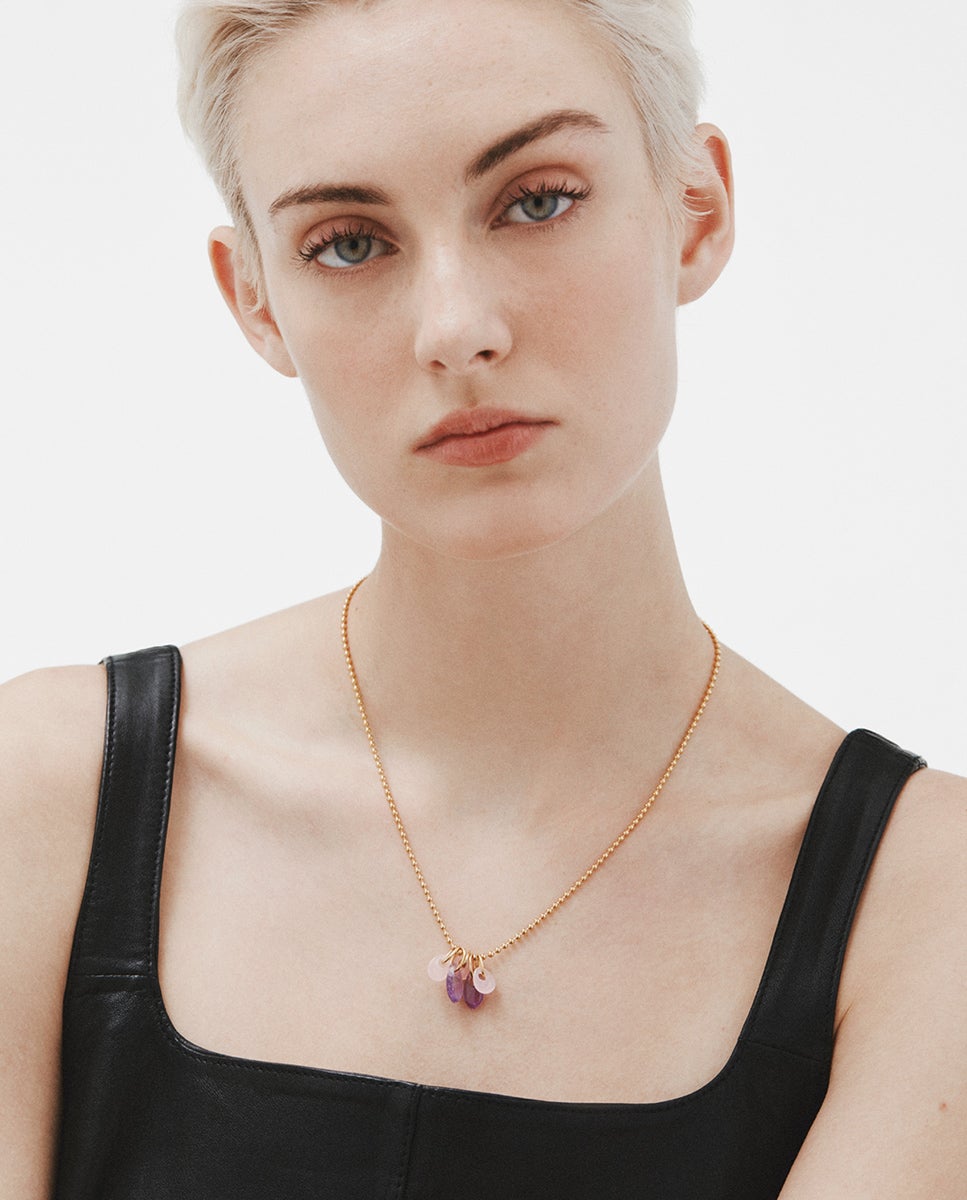 Colar de Prata 925 Banhada em Ouro Amarelo de 18k com Ametista Roxa e Ágata Rosa Roxo-5