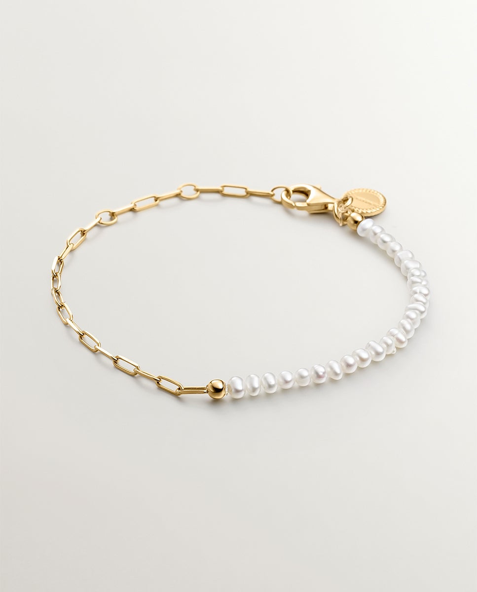 Colar de Elos em Prata 925 Banhada em Ouro Amarelo de 18k com Pérolas Branco-1