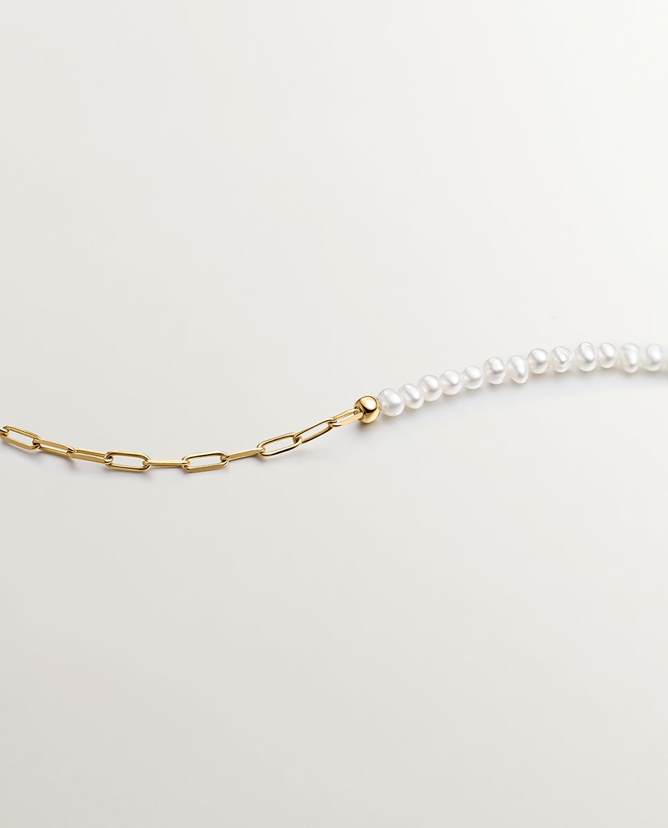Colar de Elos em Prata 925 Banhada em Ouro Amarelo de 18k com Pérolas Branco-2
