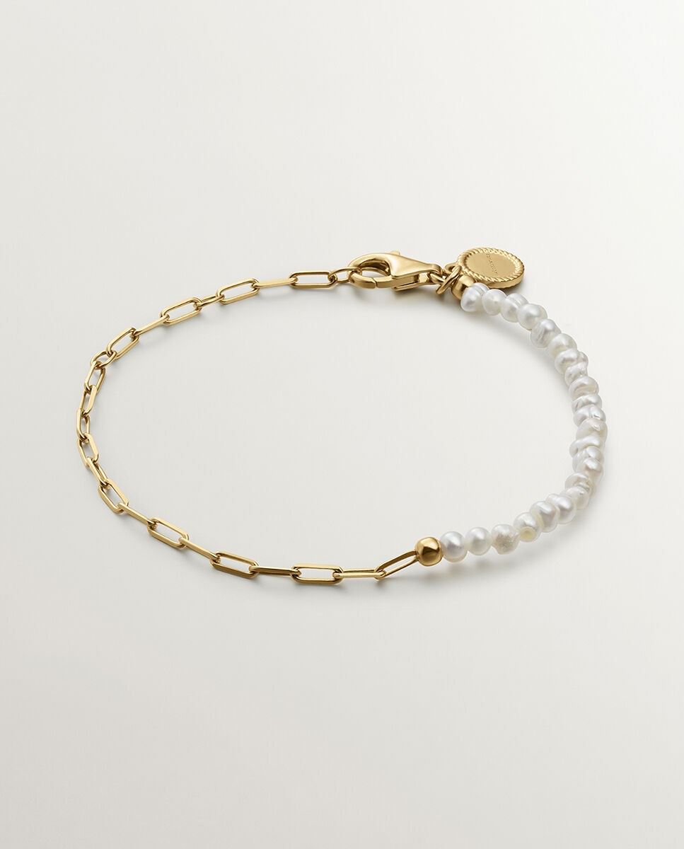 Pulseira de Elos de Prata Banhada em Ouro com Pérolas Branco-1