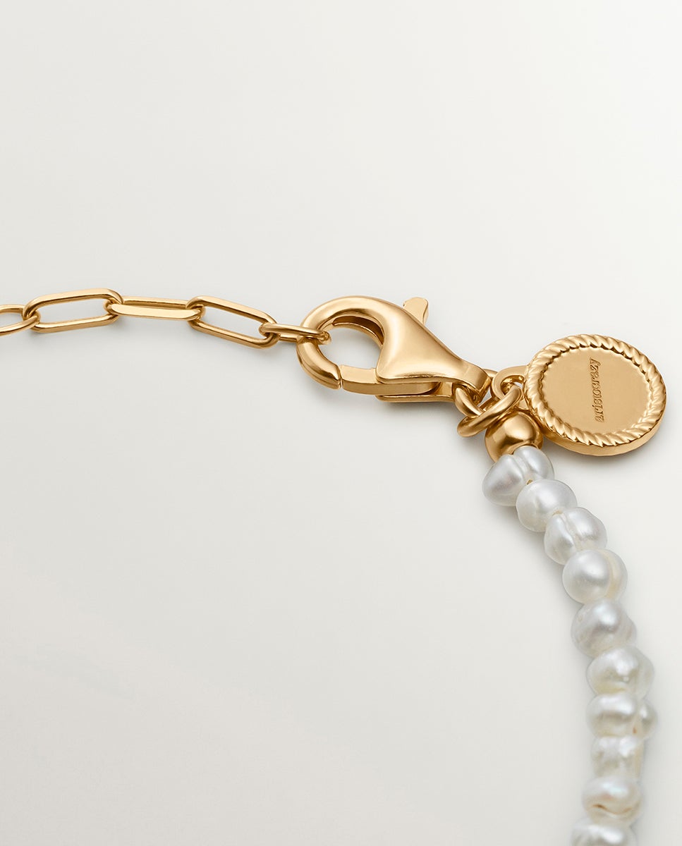Pulseira de Elos de Prata Banhada em Ouro com Pérolas Branco-2
