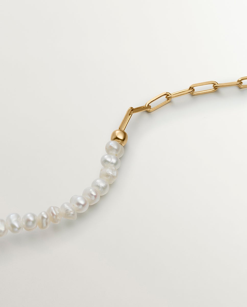 Pulseira de Elos de Prata Banhada em Ouro com Pérolas Branco-3