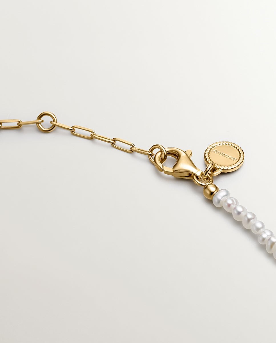 Pulseira de Elos de Prata Banhada em Ouro com Pérolas Branco-4