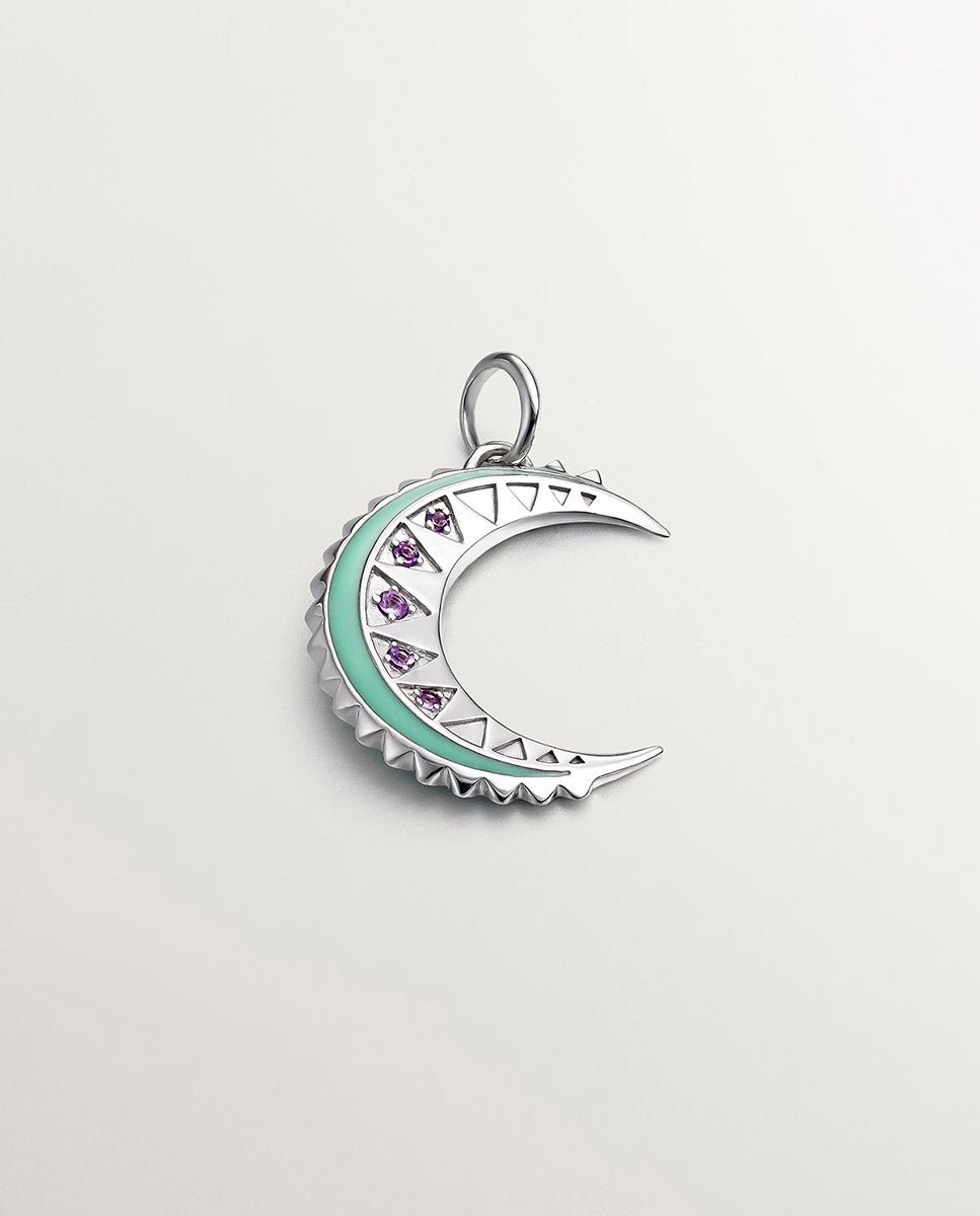 Charm de Prata 925 com Ametistas Roxas, Esmalte Verde e Forma de Lua Roxo-1