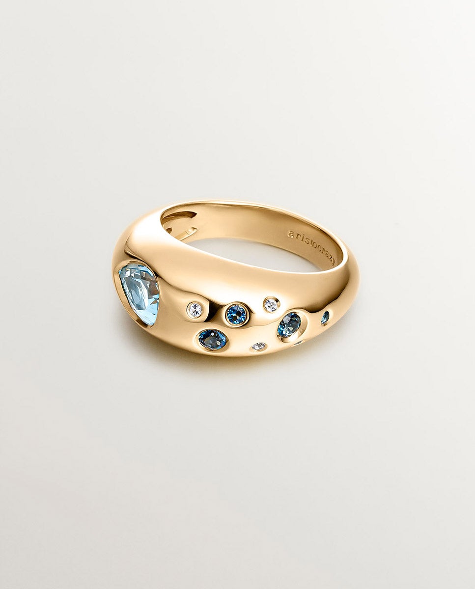 Anel de Prata 925 Banhada em Ouro Amarelo de 18k com Topázios Azul Sky e Azul London Azul-3