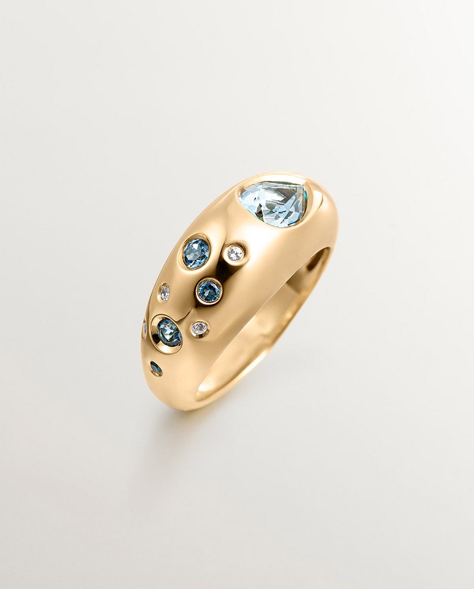 Anel de Prata 925 Banhada em Ouro Amarelo de 18k com Topázios Azul Sky e Azul London Azul-5