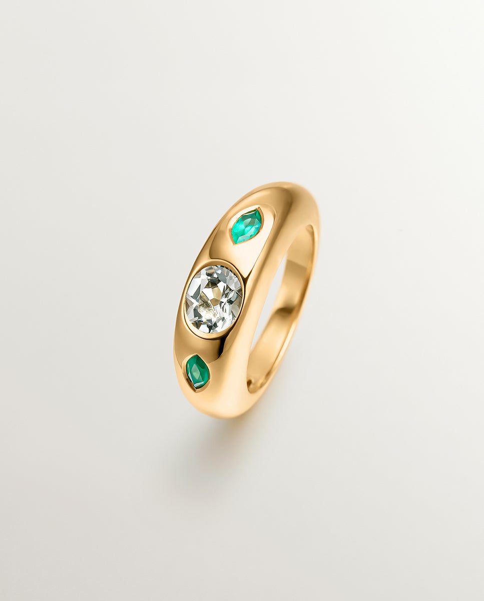 Anel de Prata 925 Banhada em Ouro Amarelo de 18k com Quartzo Verde Central e Ônix Verdes Verde-1