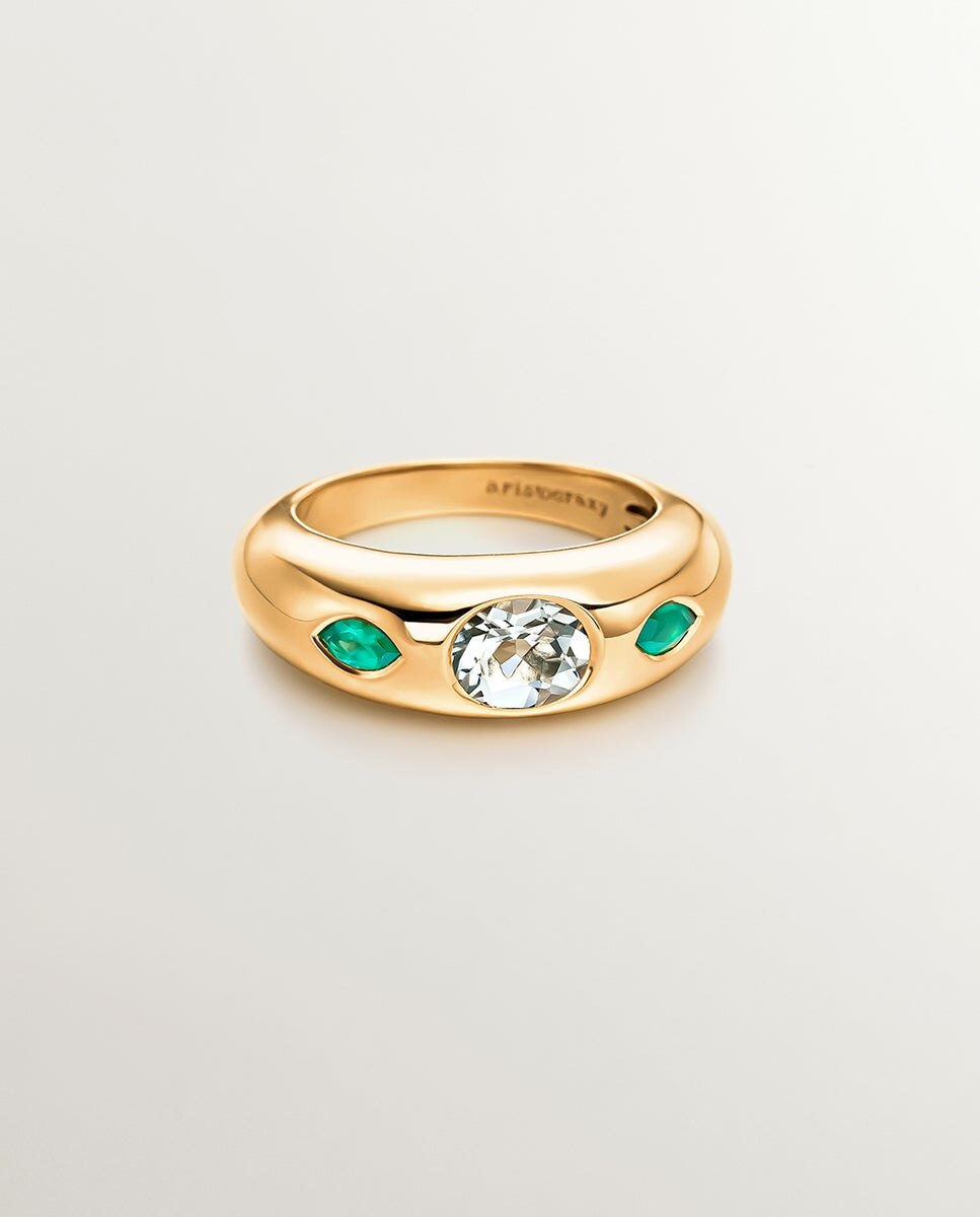 Anel de Prata 925 Banhada em Ouro Amarelo de 18k com Quartzo Verde Central e Ônix Verdes Verde-3
