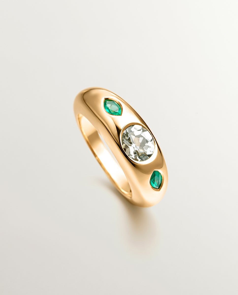 Anel de Prata 925 Banhada em Ouro Amarelo de 18k com Quartzo Verde Central e Ônix Verdes Verde-5