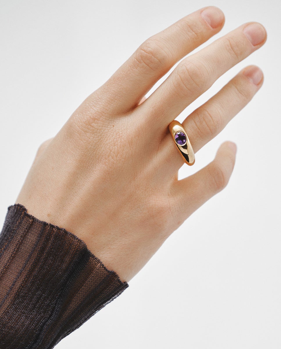 Anel de Prata 925 Banhada em Ouro Amarelo de 18k com Ametista Roxa Roxo-2