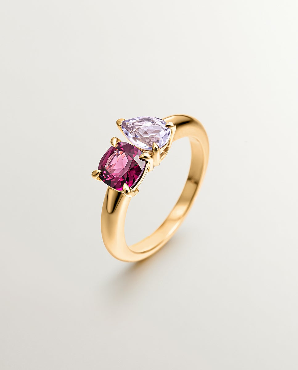 Anel de Prata 925 Banhada em Ouro Amarelo de 18k com Rodolita e Ametista Rosa Rosa-1