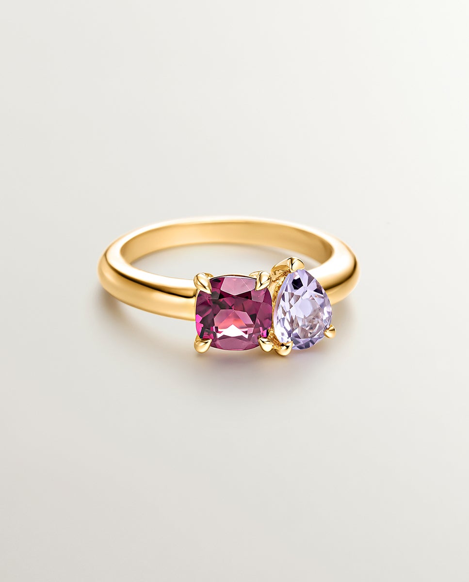 Anel de Prata 925 Banhada em Ouro Amarelo de 18k com Rodolita e Ametista Rosa Rosa-3