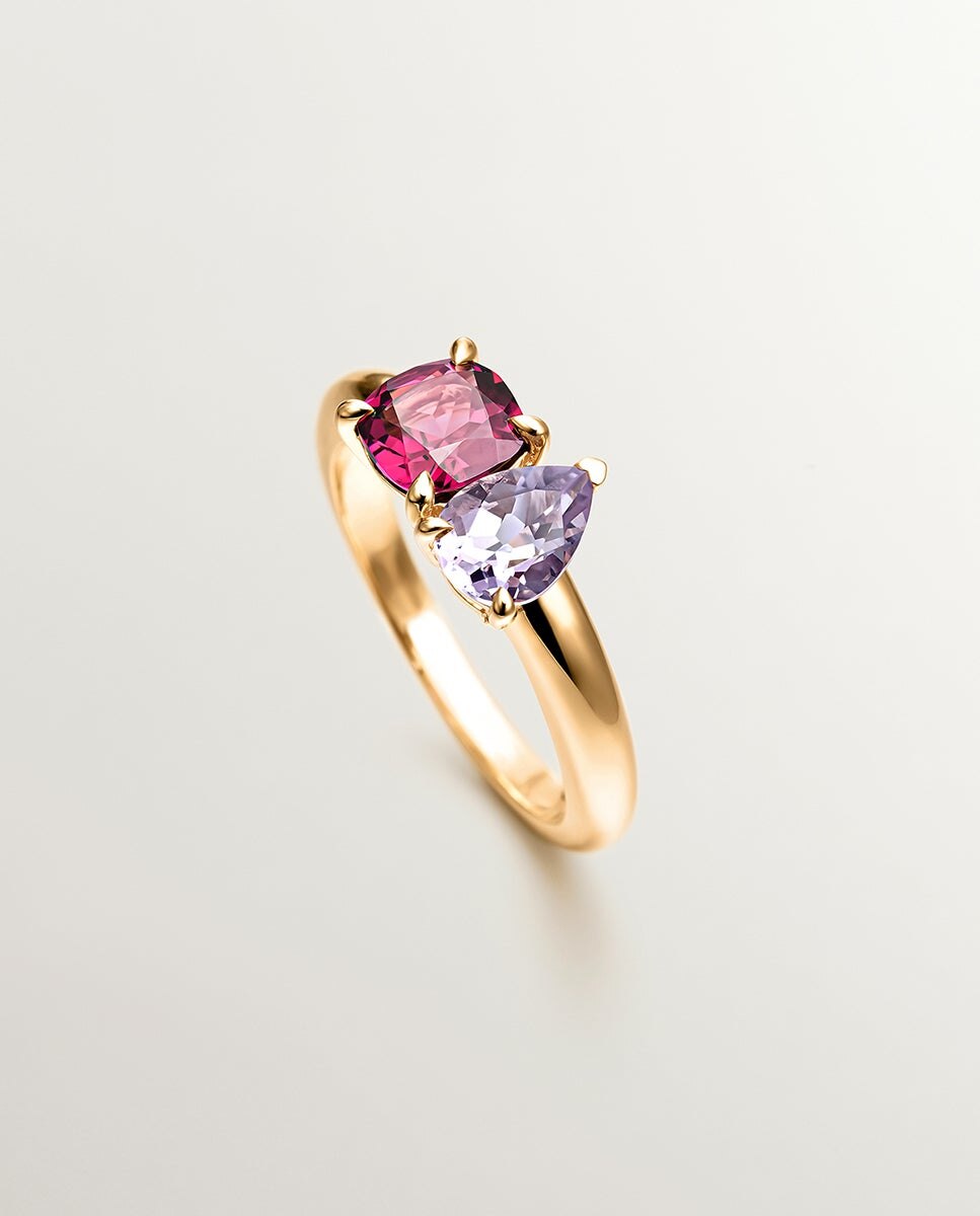 Anel de Prata 925 Banhada em Ouro Amarelo de 18k com Rodolita e Ametista Rosa Rosa-5