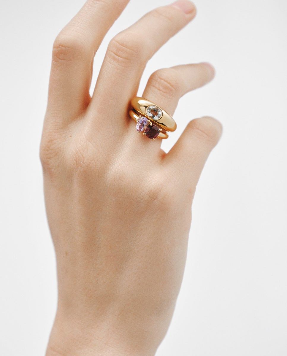 Anel de Prata 925 Banhada em Ouro Amarelo de 18k com Rodolita e Ametista Rosa Rosa-6
