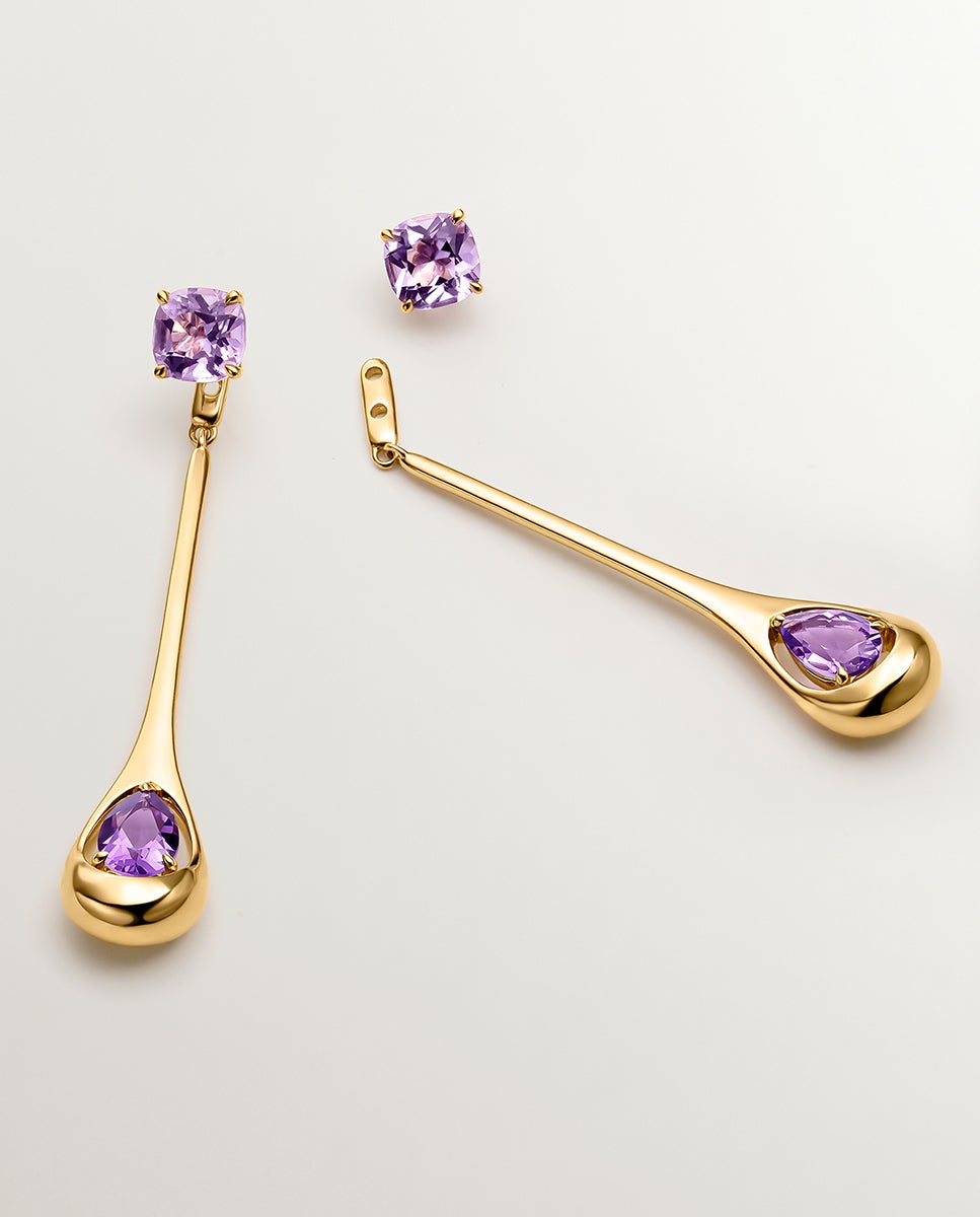 Brincos Compridos de Prata 925 com Ametistas Rosa e Roxas Rosa-5
