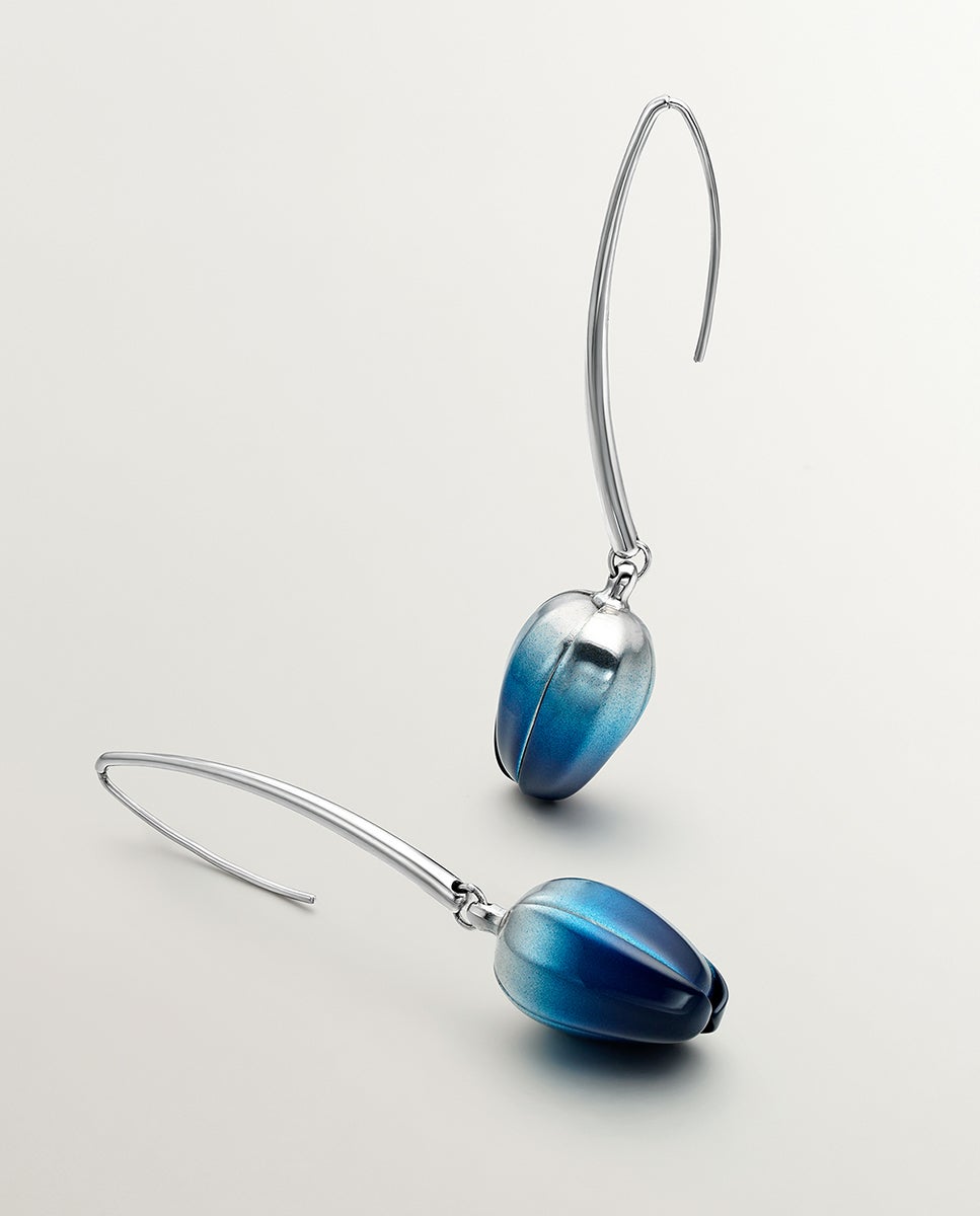 Brincos de Prata 925 com Forma de Orquídea com Esmalte Azul Degradado e Efeito Polido Azul-1