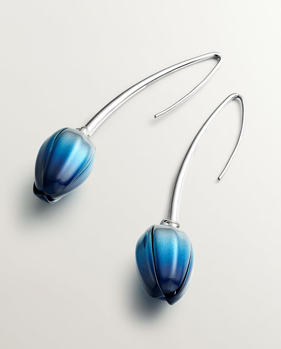 Brincos de Prata 925 com Forma de Orquídea com Esmalte Azul Degradado e Efeito Polido Azul-6