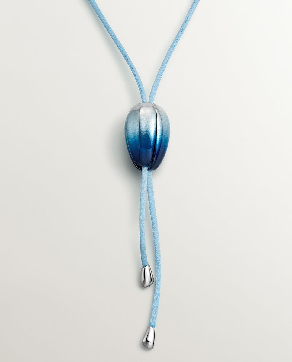 Colar de Cordão e Prata 925 com Forma de Orquídea, Esmalte Azul Degradado e Efeito Polido Azul-1