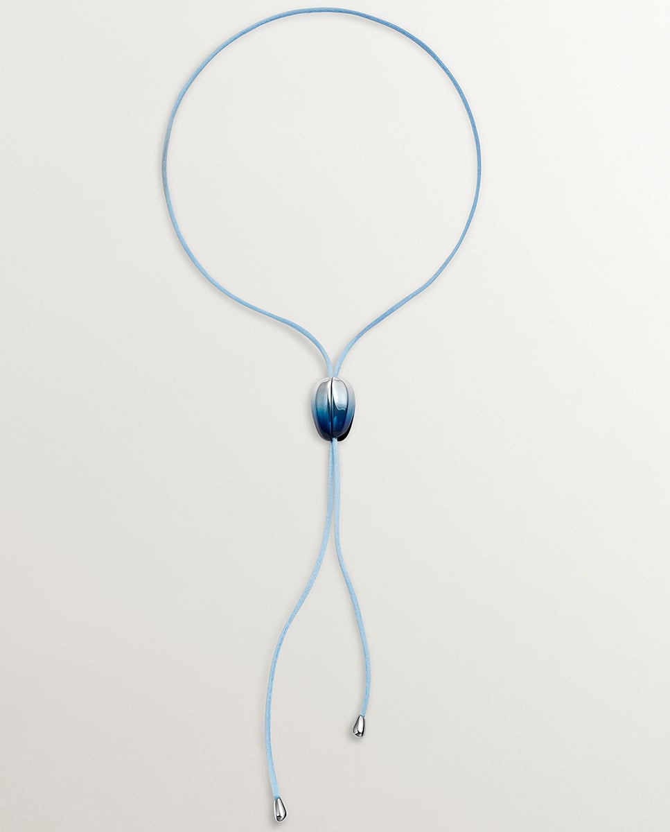 Colar de Cordão e Prata 925 com Forma de Orquídea, Esmalte Azul Degradado e Efeito Polido Azul-3