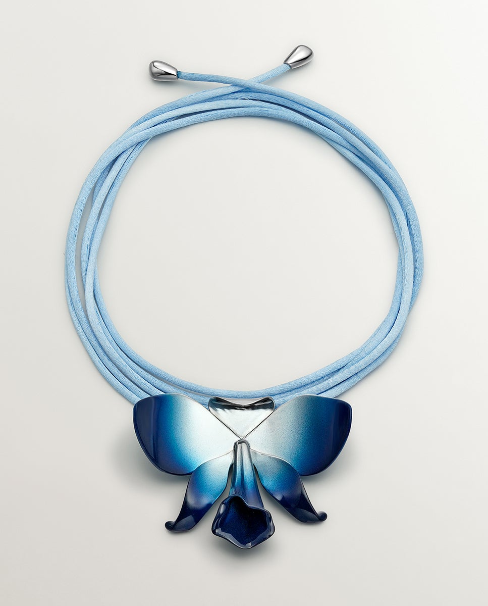 Colar de Cordão e Prata 925 com Forma de Orquídea, Esmalte Azul Degradado e Efeito Polido Azul-3