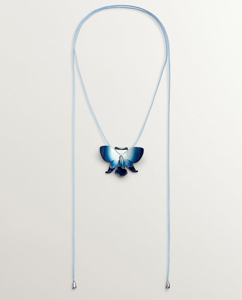 Colar de Cordão e Prata 925 com Forma de Orquídea, Esmalte Azul Degradado e Efeito Polido Azul-5
