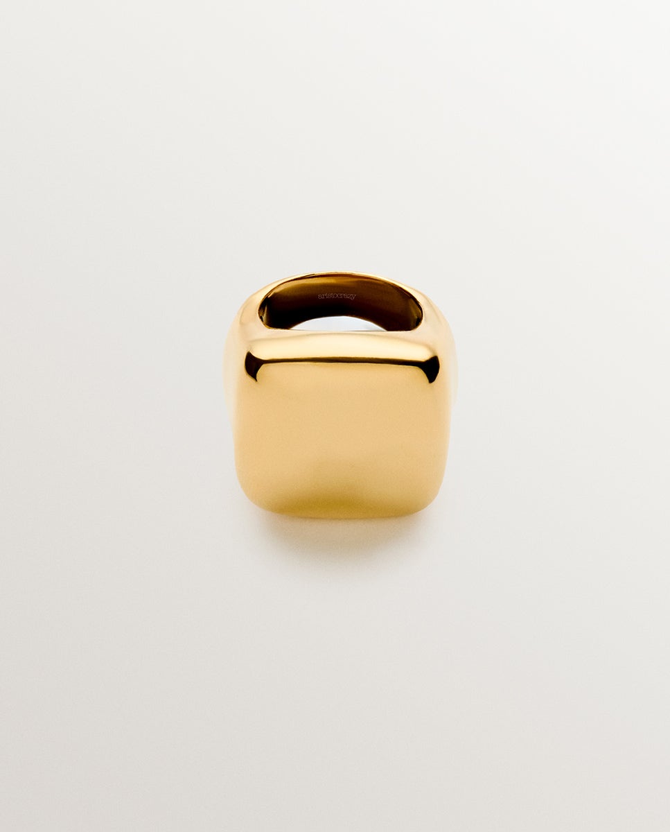 Anel Quadrado de Prata 925 Banhada em Ouro Amarelo de 18k com Efeito Polido Ouro-1