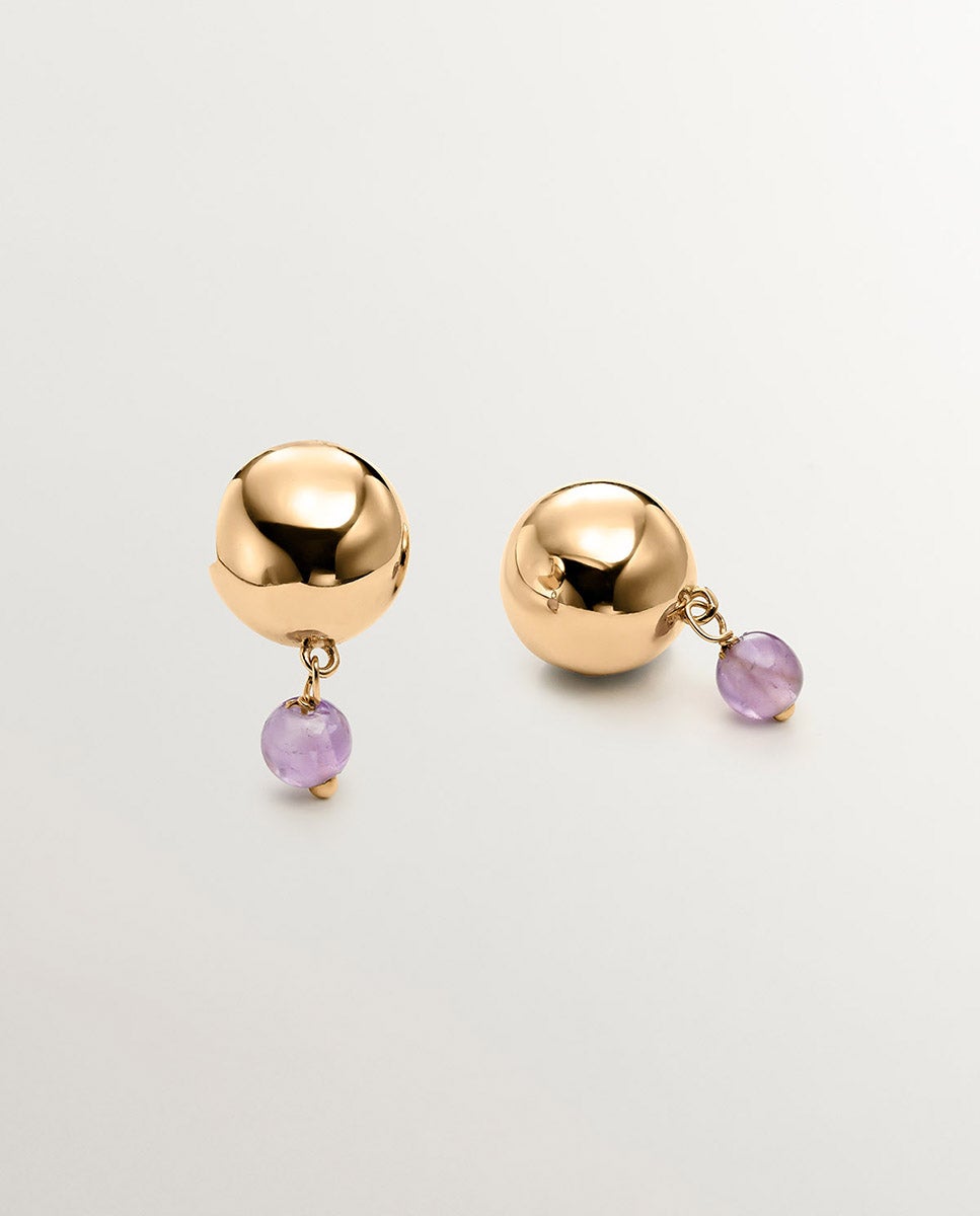 Brincos de Prata 925 Banhada a Ouro Amarelo de 18k com Ametista Roxa Roxo-3