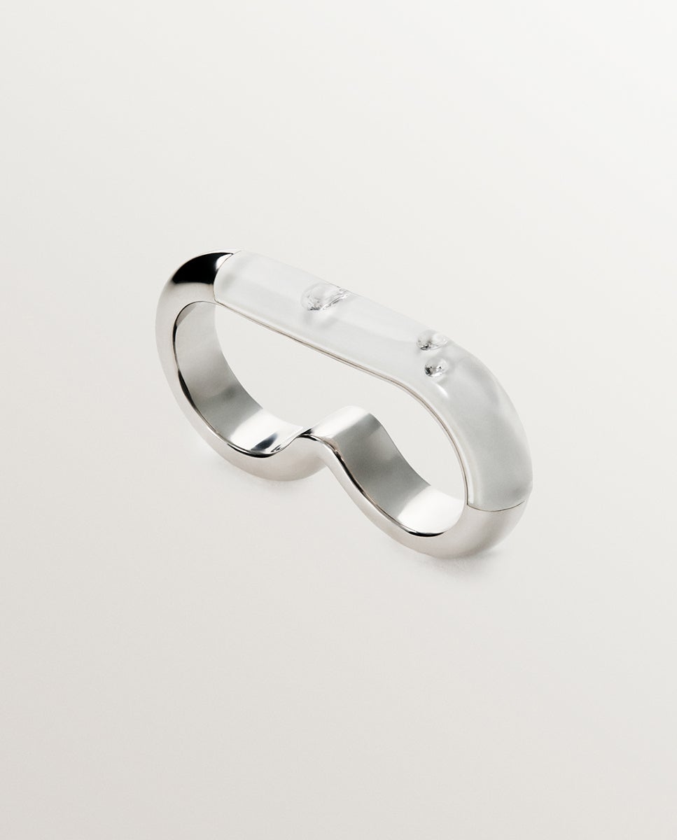 Anel Duplo de Prata 925 com Esmalte Branco e Zirconites Suspensas em Resina Branco-1