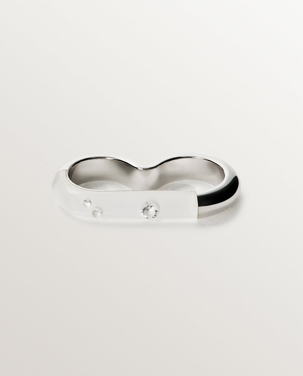 Anel Duplo de Prata 925 com Esmalte Branco e Zirconites Suspensas em Resina Branco-3