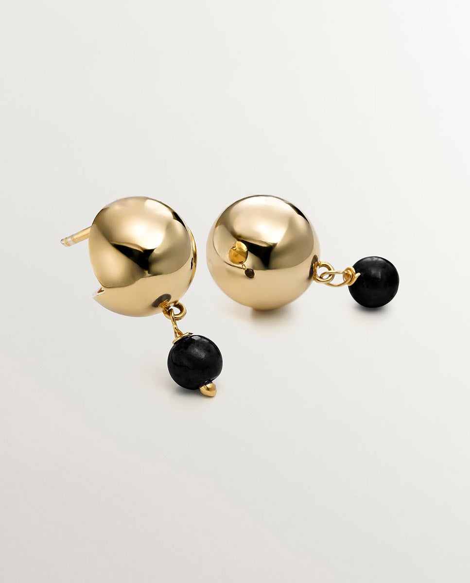 Brincos de Prata 925 Banhada em Ouro Amarelo de 18k com Ônix Preto Preto-3