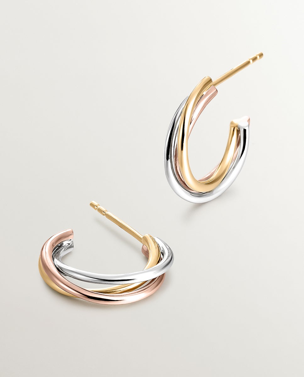 Brincos de Argola Triplos de Ouro Branco, Amarelo e Rosa de 9k Multicolor-1