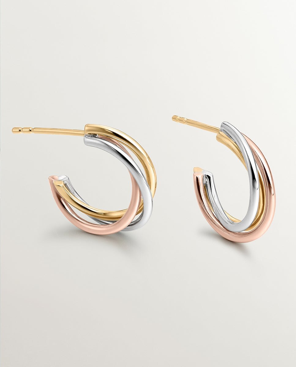 Brincos de Argola Triplos de Ouro Branco, Amarelo e Rosa de 9k Multicolor-6
