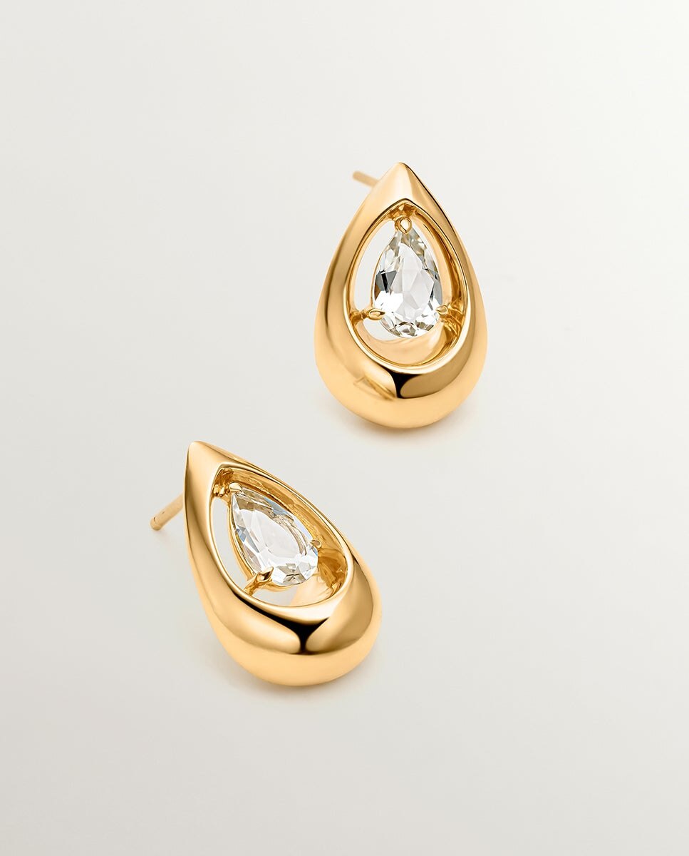 Brincos de Prata 925 Banhada em Ouro Amarelo de 18k com Topázios Brancos Branco-3