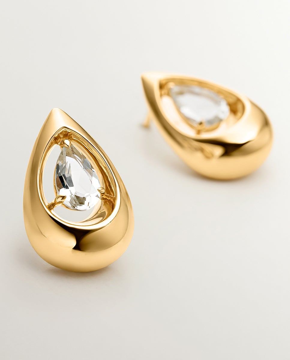Brincos de Prata 925 Banhada em Ouro Amarelo de 18k com Topázios Brancos Branco-5