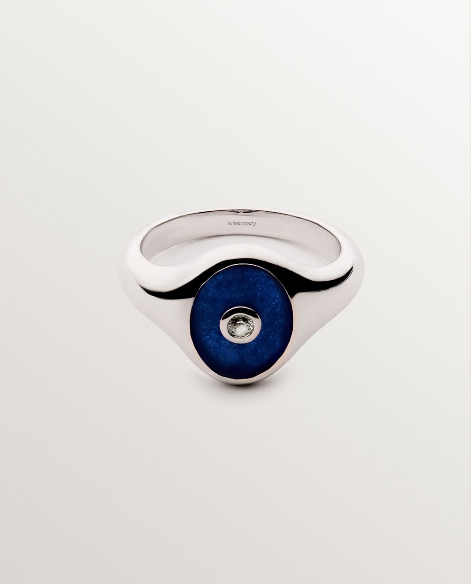 Anel Estilo Selo de Prata 925 Rodiada com Jade Azul e Quartzo Branco em Tamanho Brilhante Multicolor-1