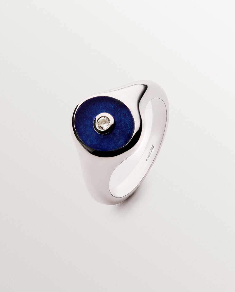 Anel Estilo Selo de Prata 925 Rodiada com Jade Azul e Quartzo Branco em Tamanho Brilhante Multicolor-2