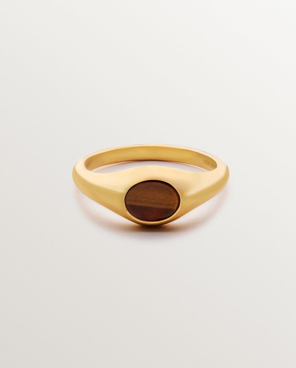 Anel Estilo Selo de Prata 925 Banhada em Ouro Amarelo de 18k com Olho de Tigre Central Ouro-1