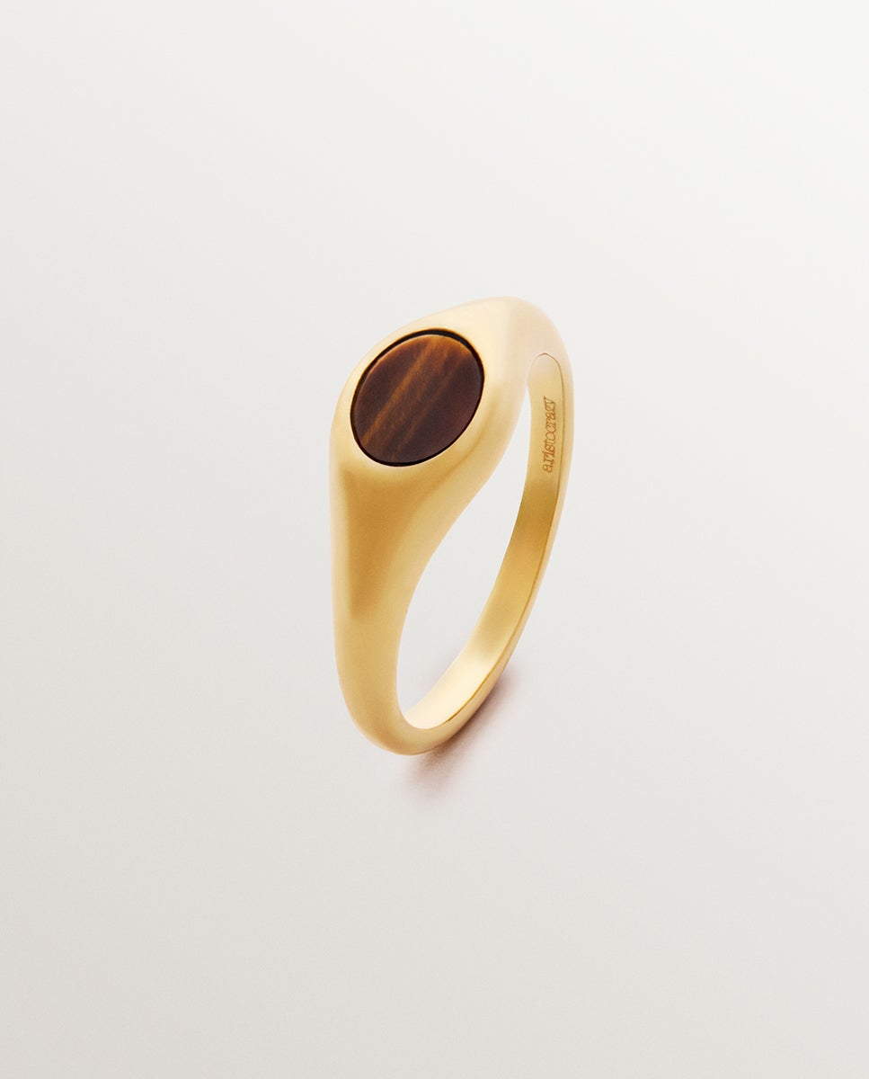 Anel Estilo Selo de Prata 925 Banhada em Ouro Amarelo de 18k com Olho de Tigre Central Ouro-4