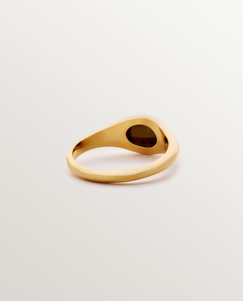 Anel Estilo Selo de Prata 925 Banhada em Ouro Amarelo de 18k com Olho de Tigre Central Ouro-6