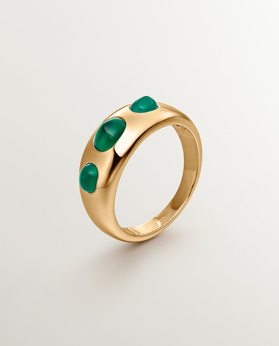 Anel de Prata 925 Banhada em Ouro Amarelo de 18k com Calcedônia Verde Verde-1