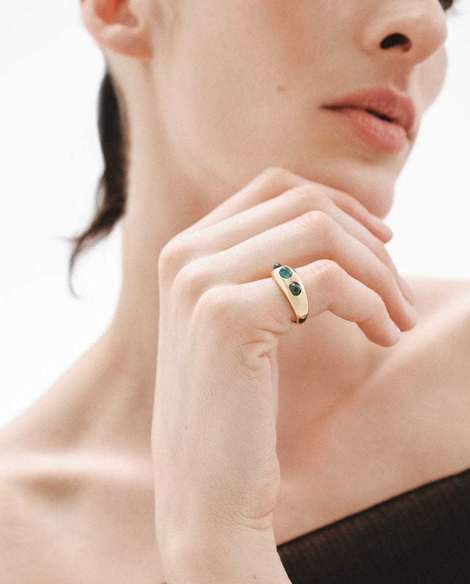 Anel de Prata 925 Banhada em Ouro Amarelo de 18k com Calcedônia Verde Verde-2