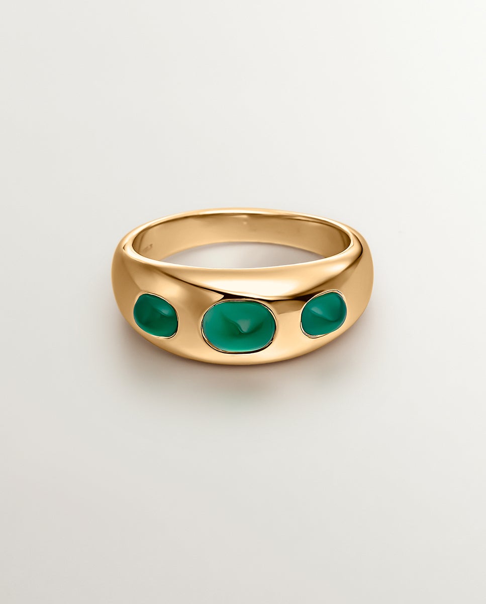 Anel de Prata 925 Banhada em Ouro Amarelo de 18k com Calcedônia Verde Verde-3