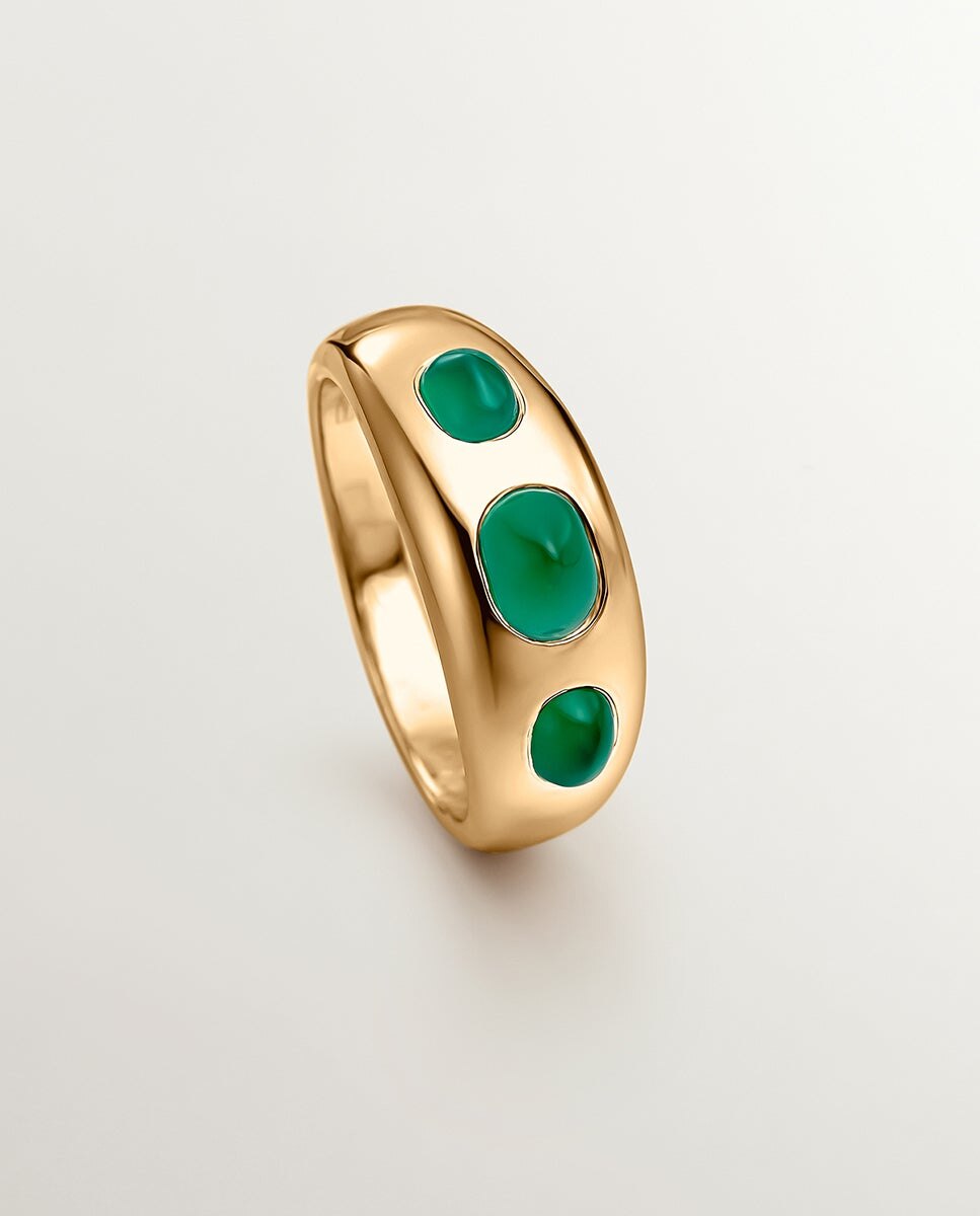 Anel de Prata 925 Banhada em Ouro Amarelo de 18k com Calcedônia Verde Verde-5