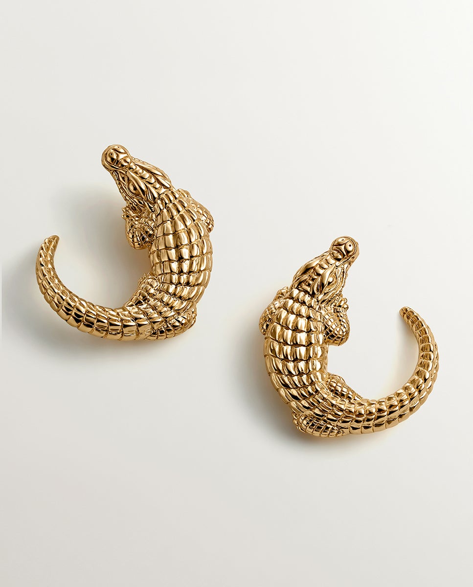 Brincos de Prata 925 Banhada em Ouro Amarelo de 18K com Forma de Crocodilo Ouro-1