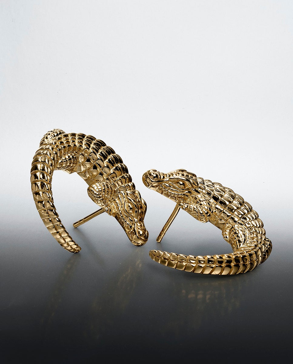 Brincos de Prata 925 Banhada em Ouro Amarelo de 18K com Forma de Crocodilo Ouro-2